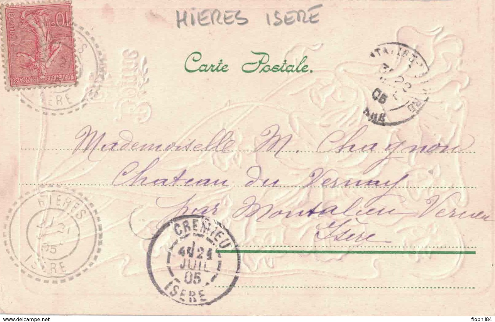 ISERE - HIERES - 21-7-1905 - 10c SEMEUSE SUR CARTE POSTALE. - Manual Postmarks