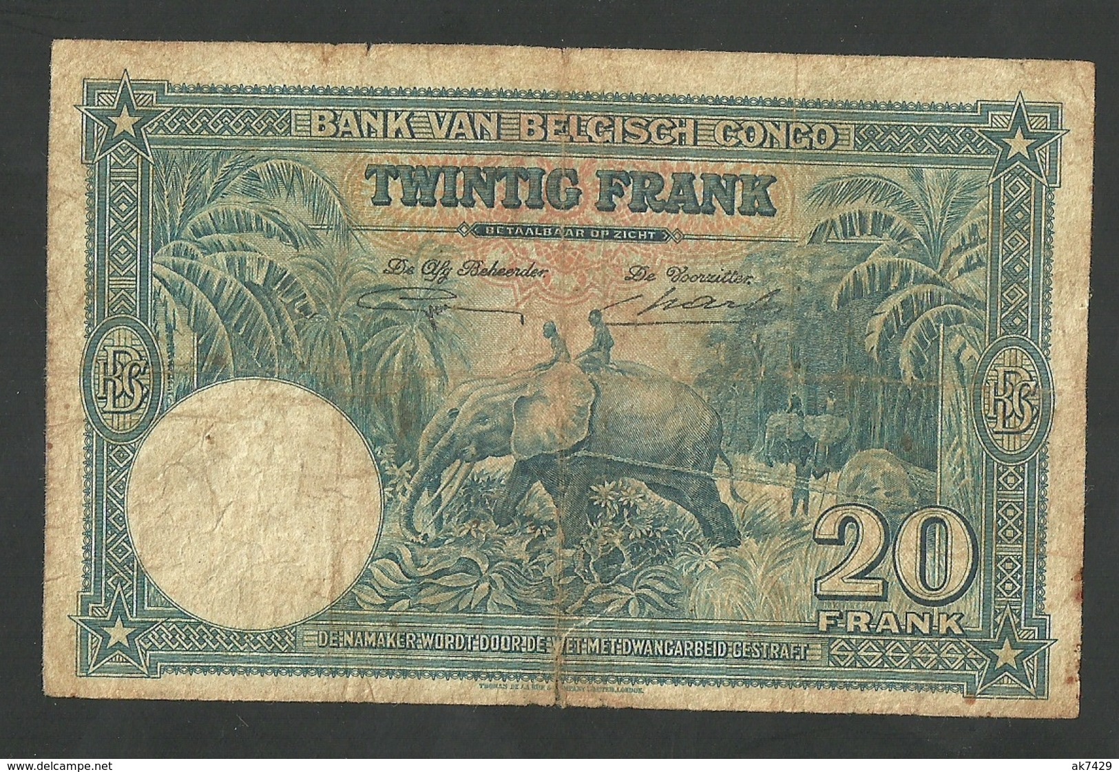 BELGIAN CONGO 20 FRANCS 1946 PICK # 15E CIRCULATED FINE  BANKNOTE RARE - Bank Van Belgisch Kongo