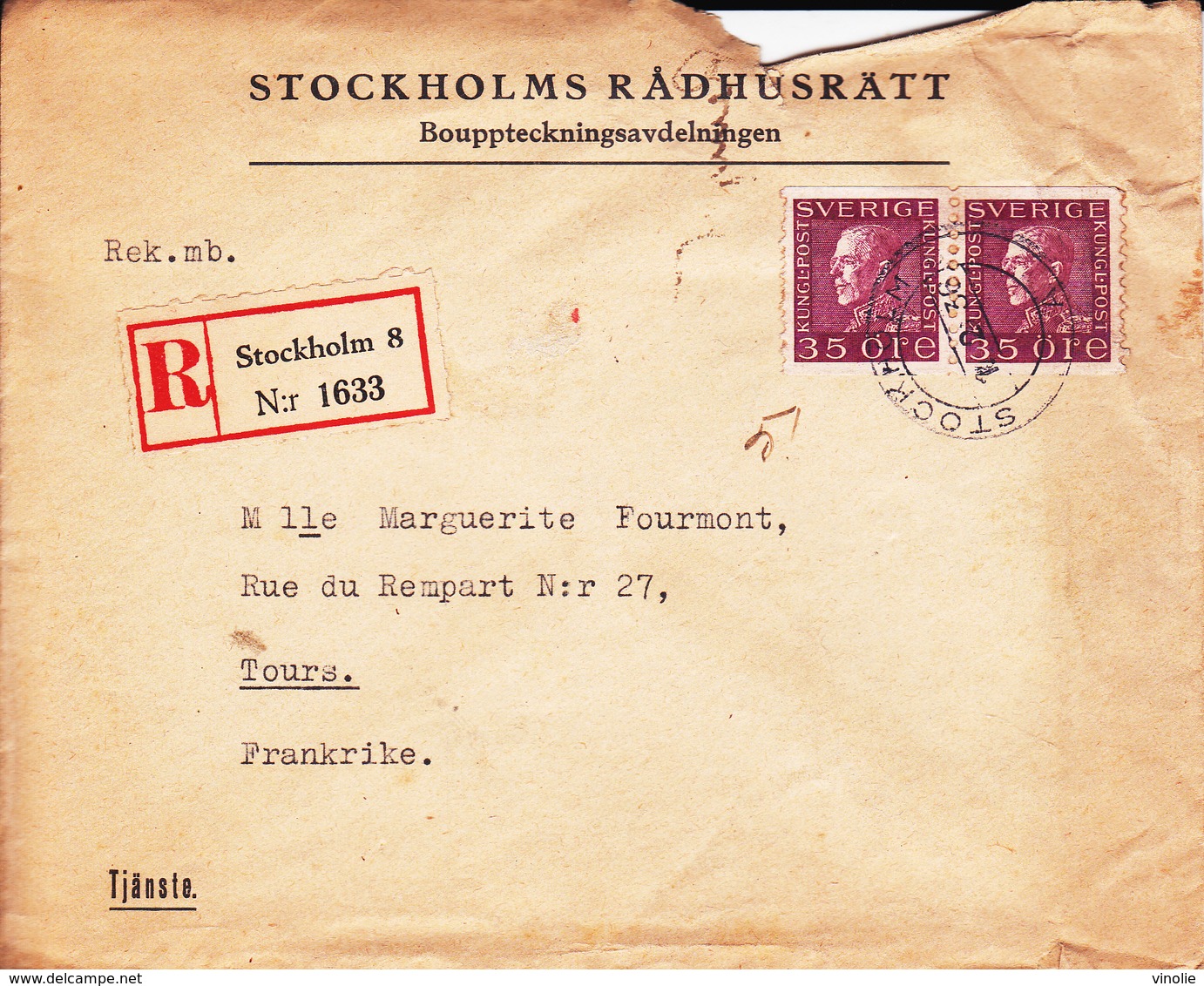 VP-P-T.18-506 : ENVELOPPE LETTRE RECOMMANDEE AFFRANCHIE A 35 ÖRE FEVRIER 1936. STOCKHOLM RADHUSTRÄTT - Altri & Non Classificati