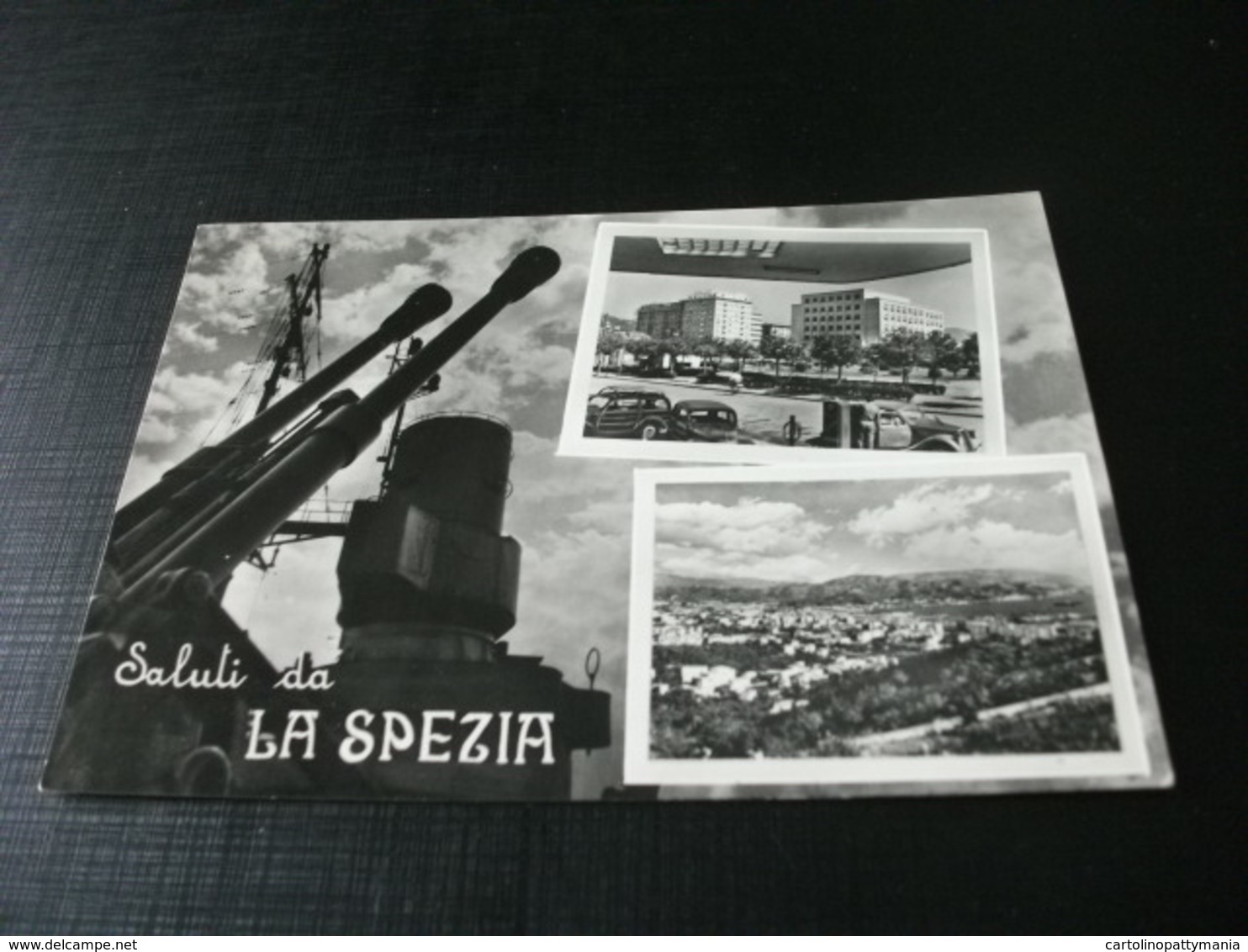 SALUTI DA LA SPEZIA LIGURIA  CANNONI NAVE SHIP GUERRA  VEDUTE AUTO CAR - Souvenir De...