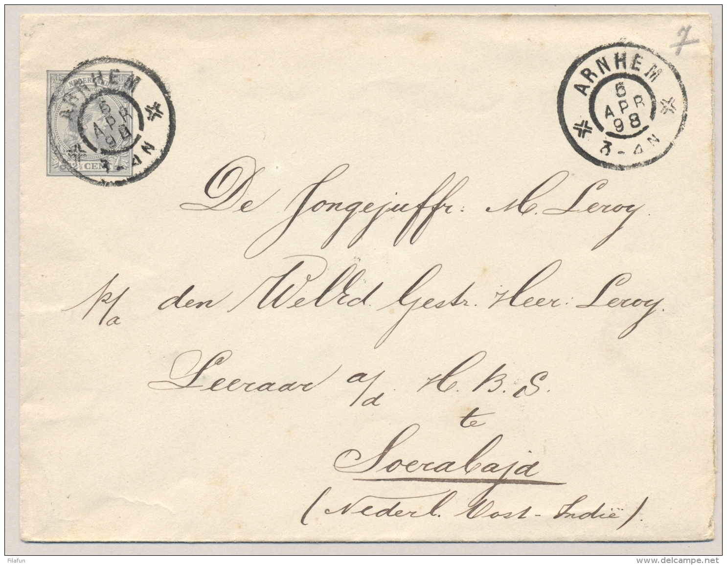 Nederland - 1898 - 12,5 Cent Hangend Haar, Envelop G7 Van Arnhem Naar Soerabaja / Nederlands Indië - Postal Stationery