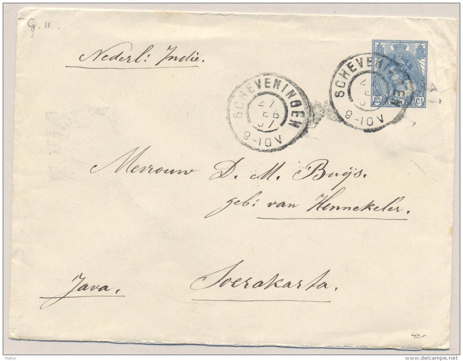 Nederland - 1907 - 12,5 Cent Bontkraag, Envelop G11 Van Scheveningen Via Maos Naar Soerakarta / Nederlands Indië - Ganzsachen