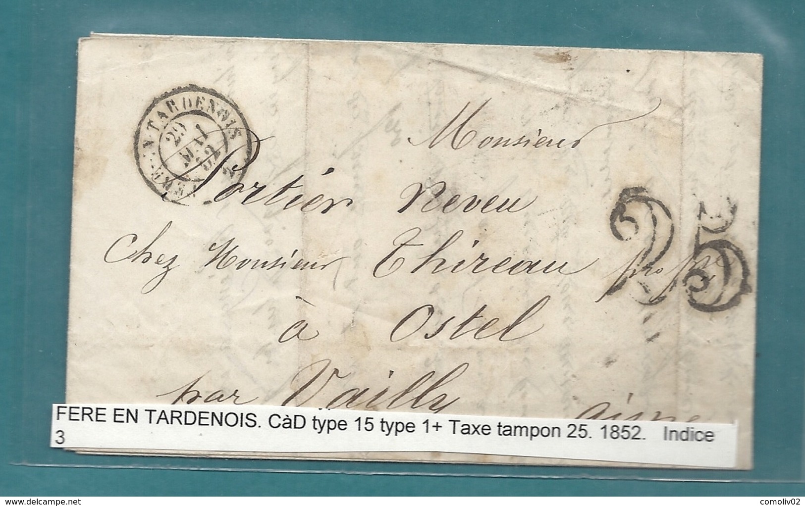 Aisne - Fere En Tardenois Pour Ostel. CàD Type 15 + Taxe Tampon 25. 1852 - 1849-1876: Période Classique