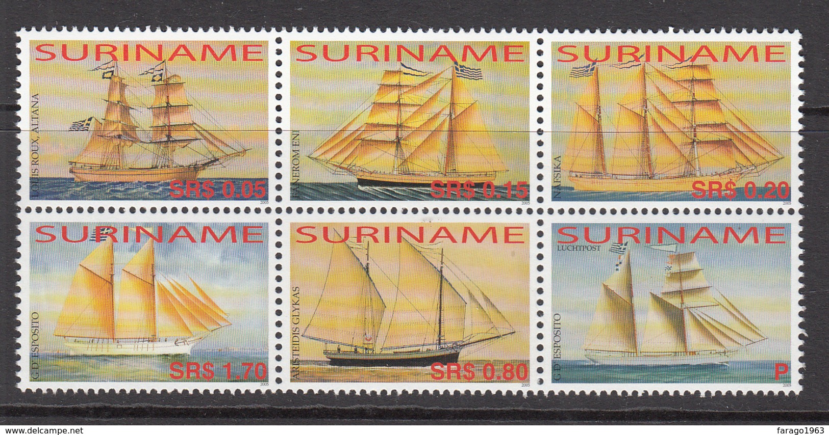 2005 Surinam Sailing Ships  Complete Block Of 6   MNH - Suriname