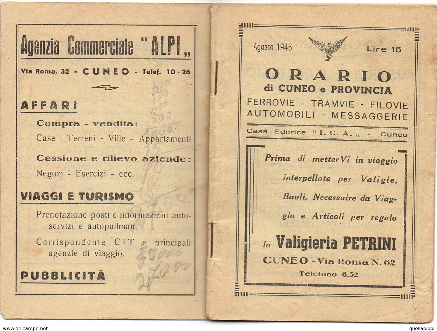 08504 "AGOSTO 1946 - ORARI DI CUNEO E PROVINCIA FERROVIE - TRAMVIE - FILOVIE - AUTOMOBILI - MESSAGGERIE" ORIG. - Europe