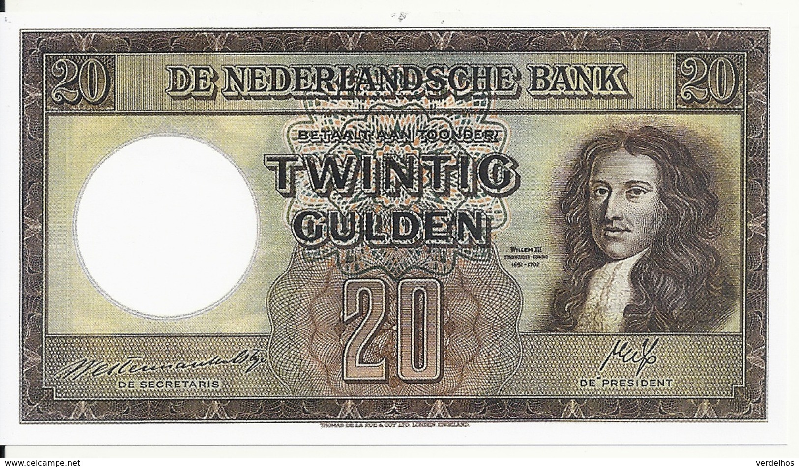 PAYS-BAS 20 GULDEN 1945 UNC COPY - [6] Fictifs & Specimens