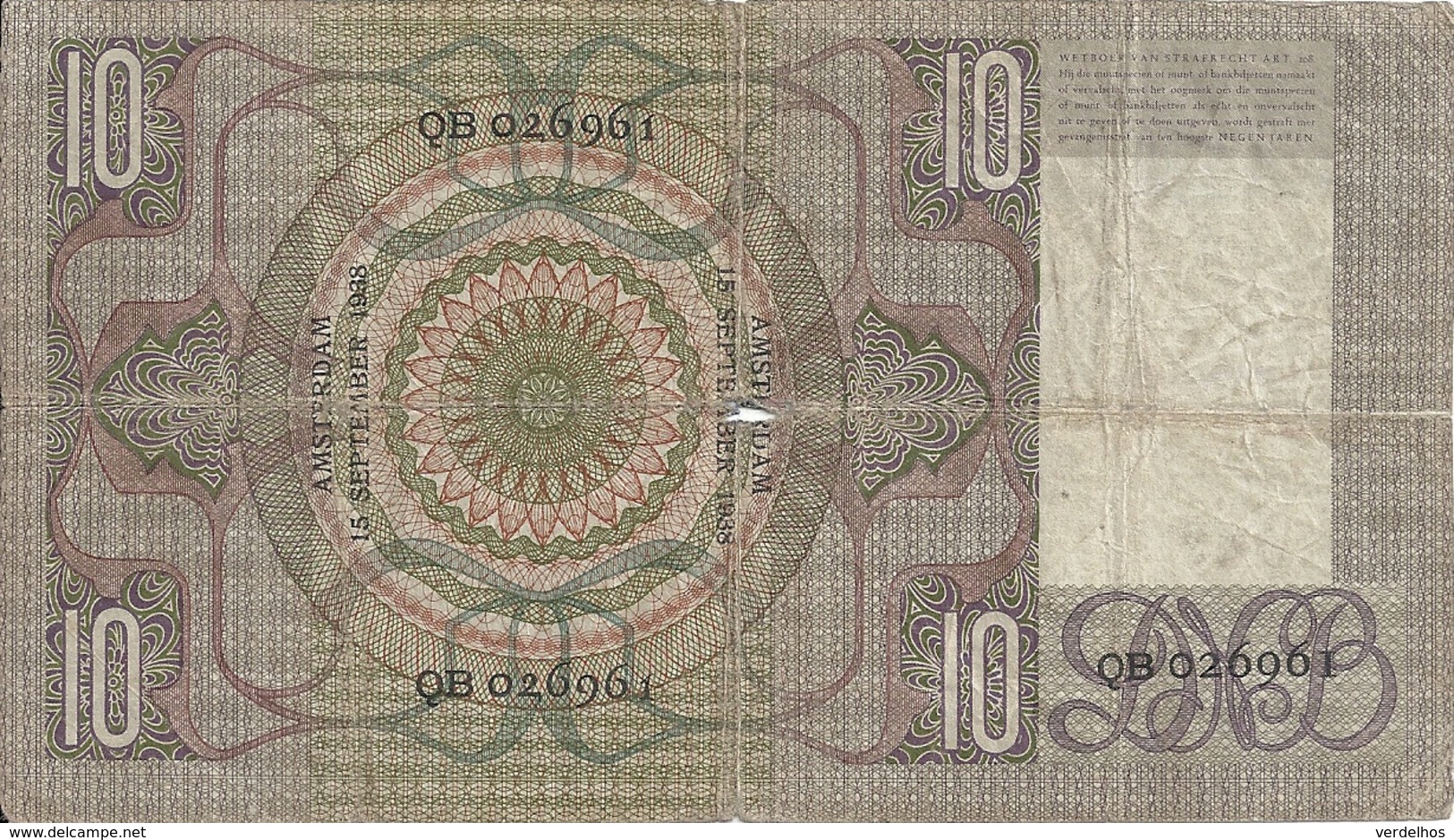 NETHERLANDS 10 GULDEN 1938 VG P 49 - 10 Gulden