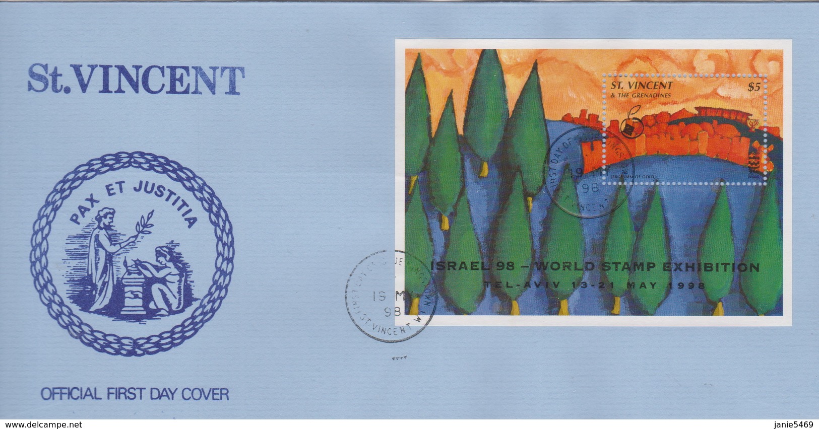 St Vincent Grenadines 1998 Israel 98 World Stamp Exhibition,souvenir Sheet,FDC - St.Vincent & Grenadines