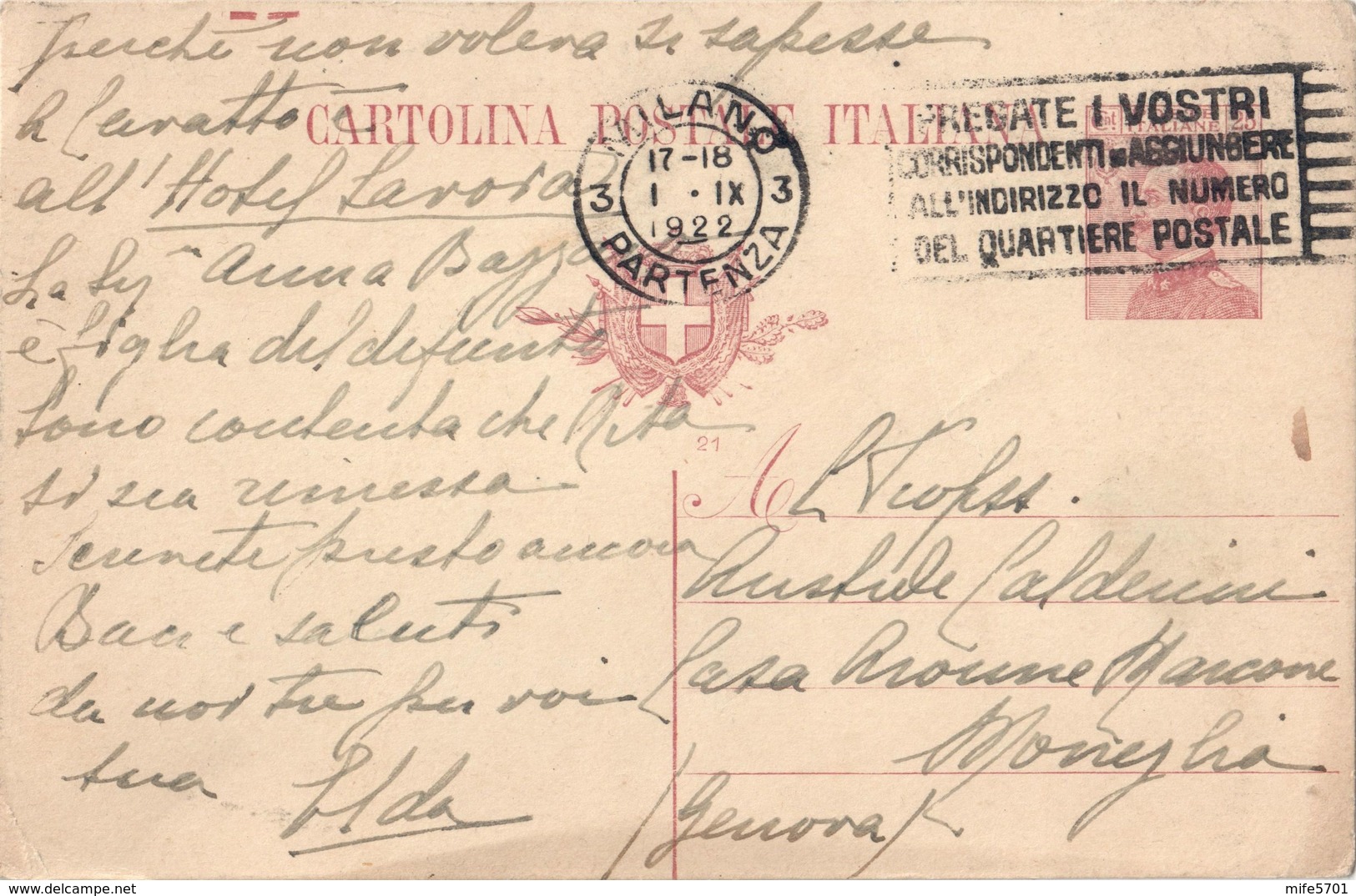 INTERO POSTALE TIPO MICHETTI C.25 MILLESIMO 1921 - CATALOGO FILAGRANO C49/215 - DA MILANO A MONEGLIA 1.9.1922 - Entiers Postaux