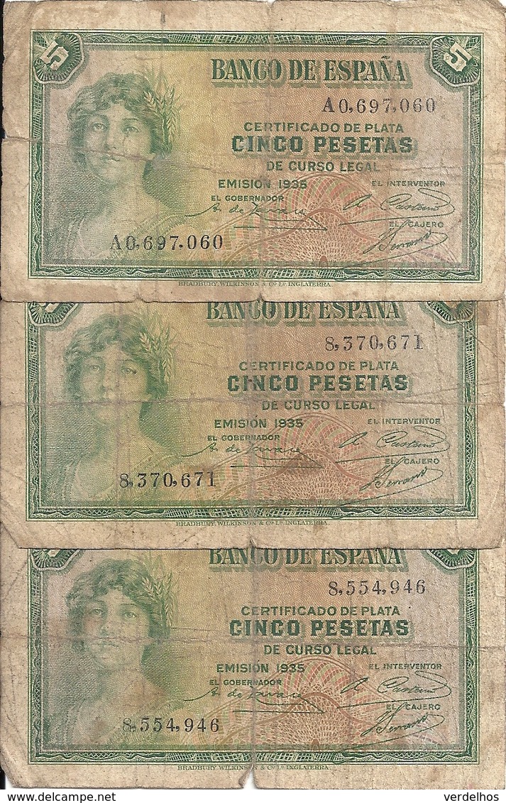 ESPAGNE 5 PESETAS 1935 VG P 85 ( 3 Billets ) - 5 Pesetas