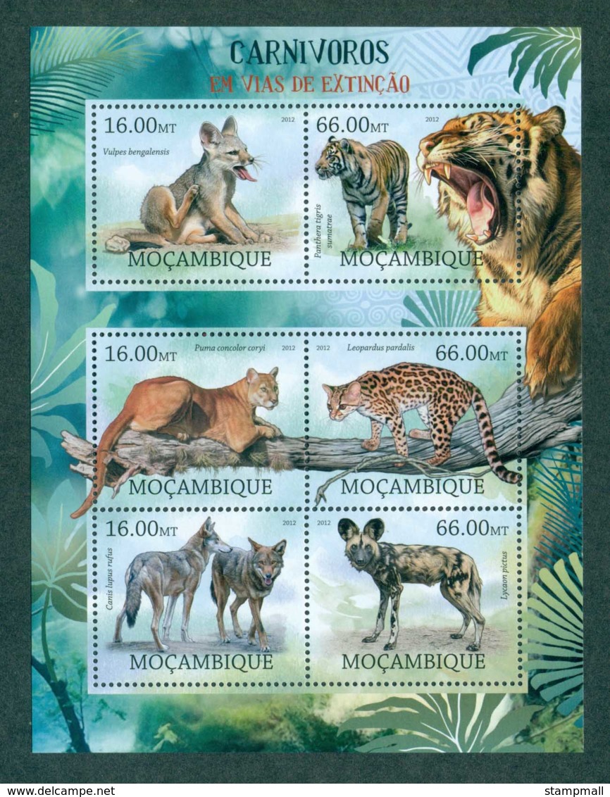 Mozambique 2012 Wildlife, Endangered, Tiger, Lynx Cat, Lion, Hyena MS MUH MOZ12227a - Mozambique
