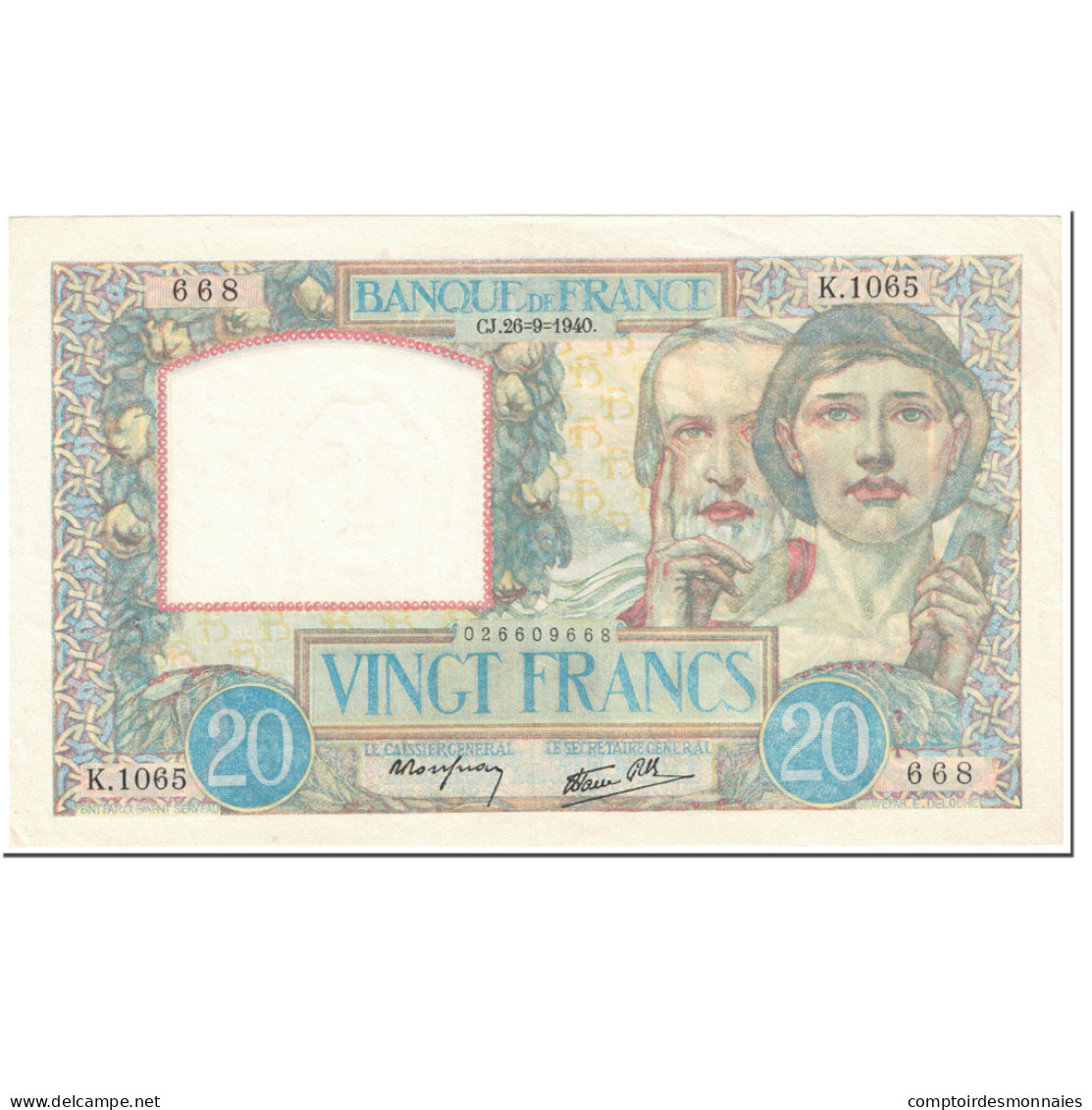 France, 20 Francs, 20 F 1939-1942 ''Science Et Travail'', 1940, 1940-09-26, SPL - 20 F 1939-1942 ''Science Et Travail''