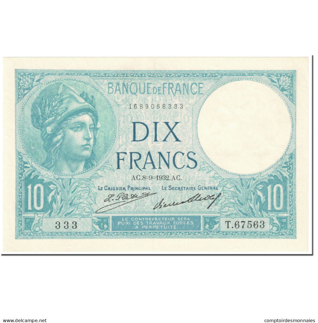 France, 10 Francs, 10 F 1916-1942 ''Minerve'', 1932, 1932-09-08, SUP+ - 10 F 1916-1942 ''Minerve''