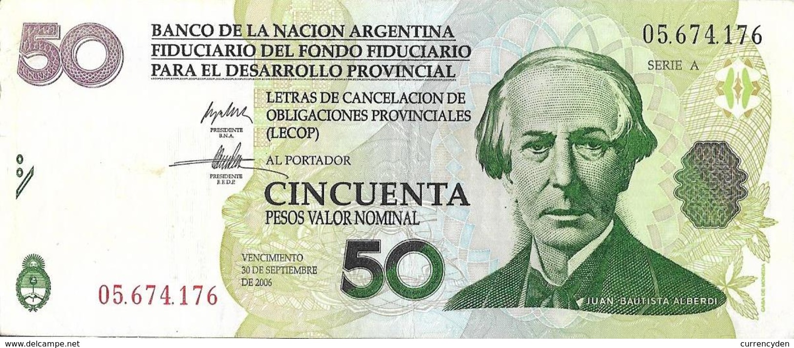 Argentina 50 Pesos BANCO DE LA NACIÓN (LECOP) Emergency Note, Alberdi 2006 VF+ - Argentinië