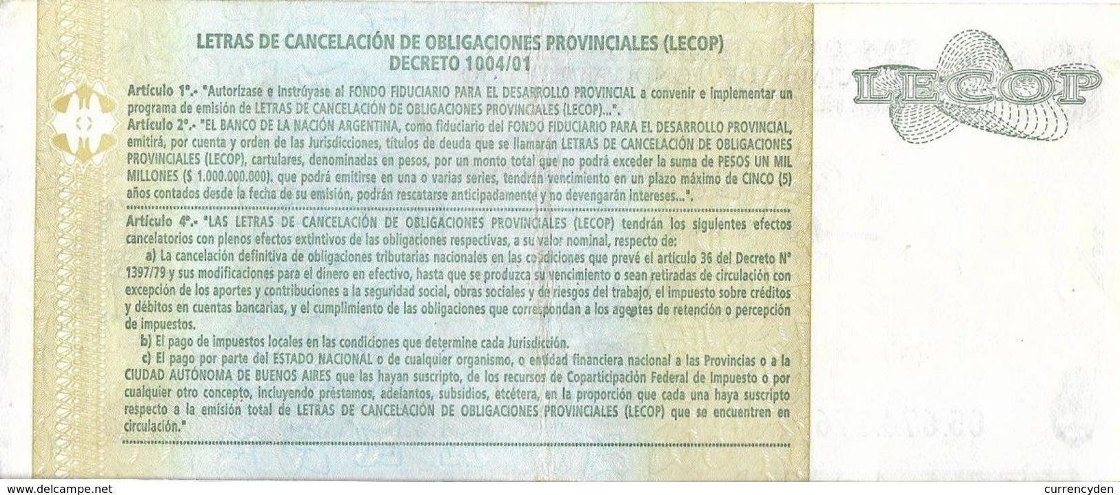 Argentina 50 Pesos BANCO DE LA NACIÓN (LECOP) Emergency Note, Alberdi 2006 VF+ - Argentine