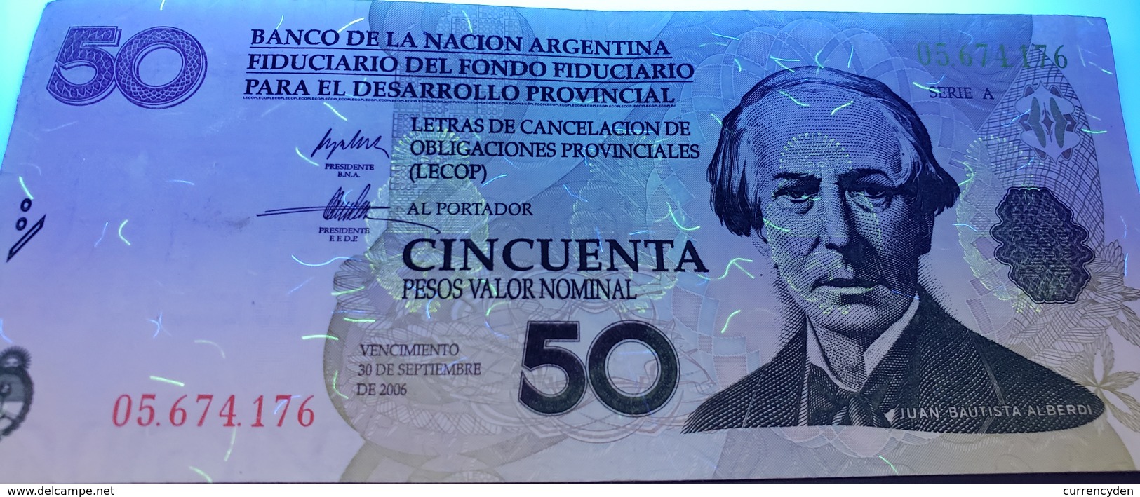 Argentina 50 Pesos BANCO DE LA NACIÓN (LECOP) Emergency Note, Alberdi 2006 VF+ - Argentine