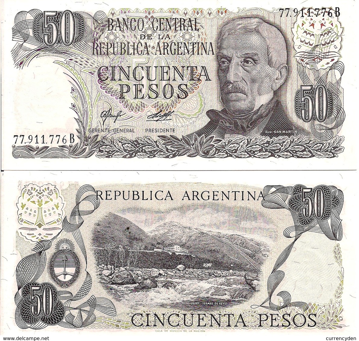 Argentina P301. 50 Pesos, General San Martin / Termes De Reyes Rapids, UNC 1976 - Argentinië