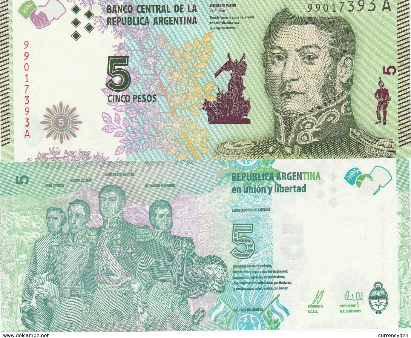 Argentina P359, 5 Pesos, Gen Martin / Artigas, Bolívar, San Martin,O'Higgins UNC - Argentinië