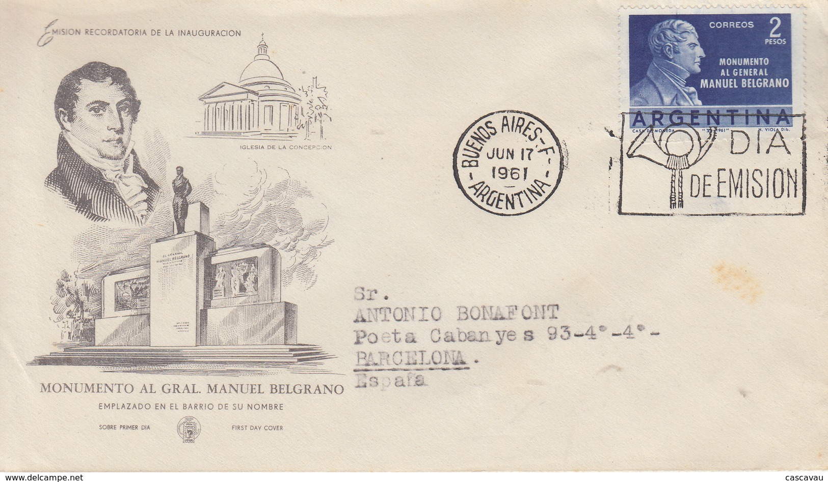 Enveloppe  FDC   1er  Jour   ARGENTINE   Monument  Général  BELGRANO   1961 - FDC