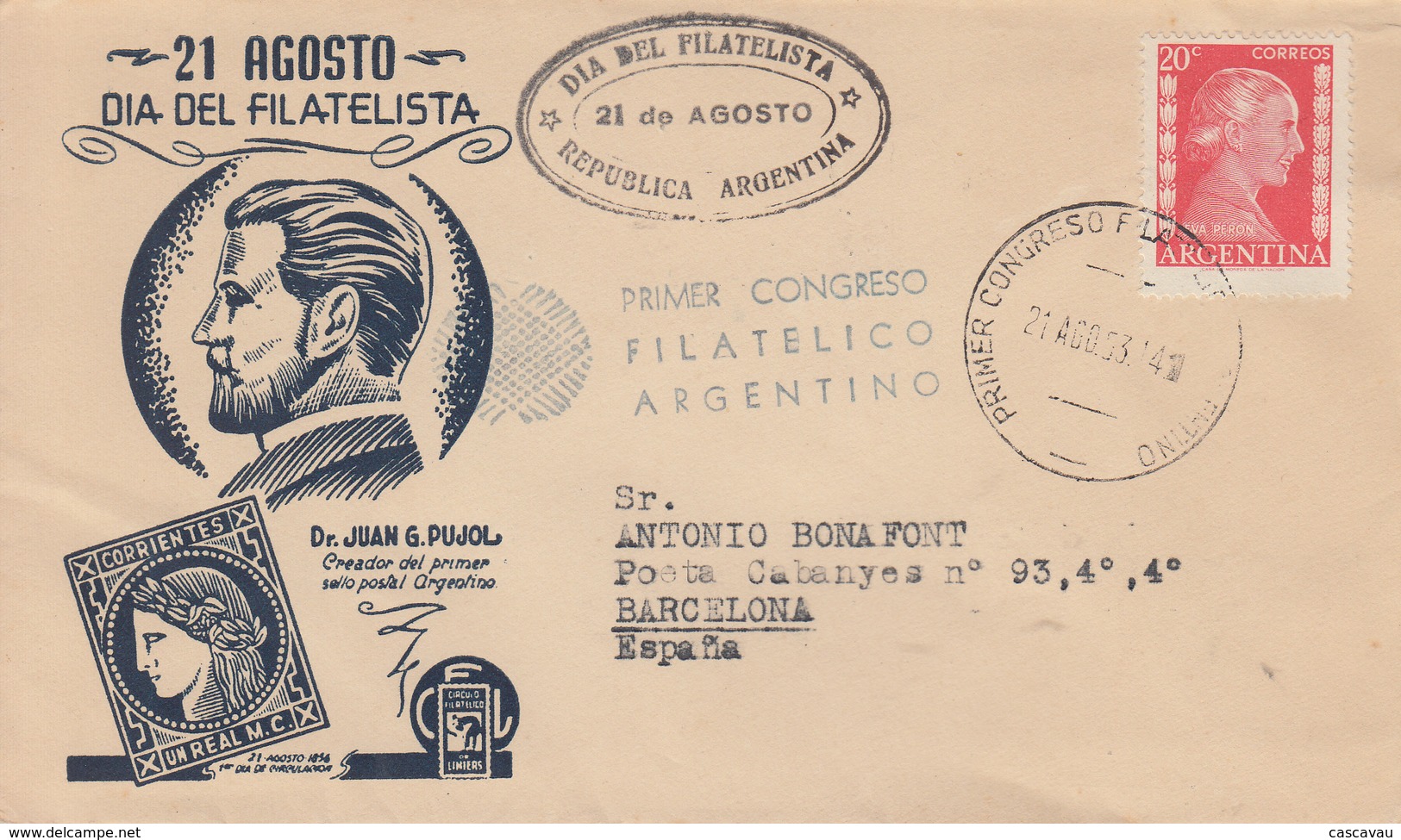 Enveloppe  FDC   1er  Jour   ARGENTINE   1er  Congrés  Philatélique  Argentin   1953 - FDC