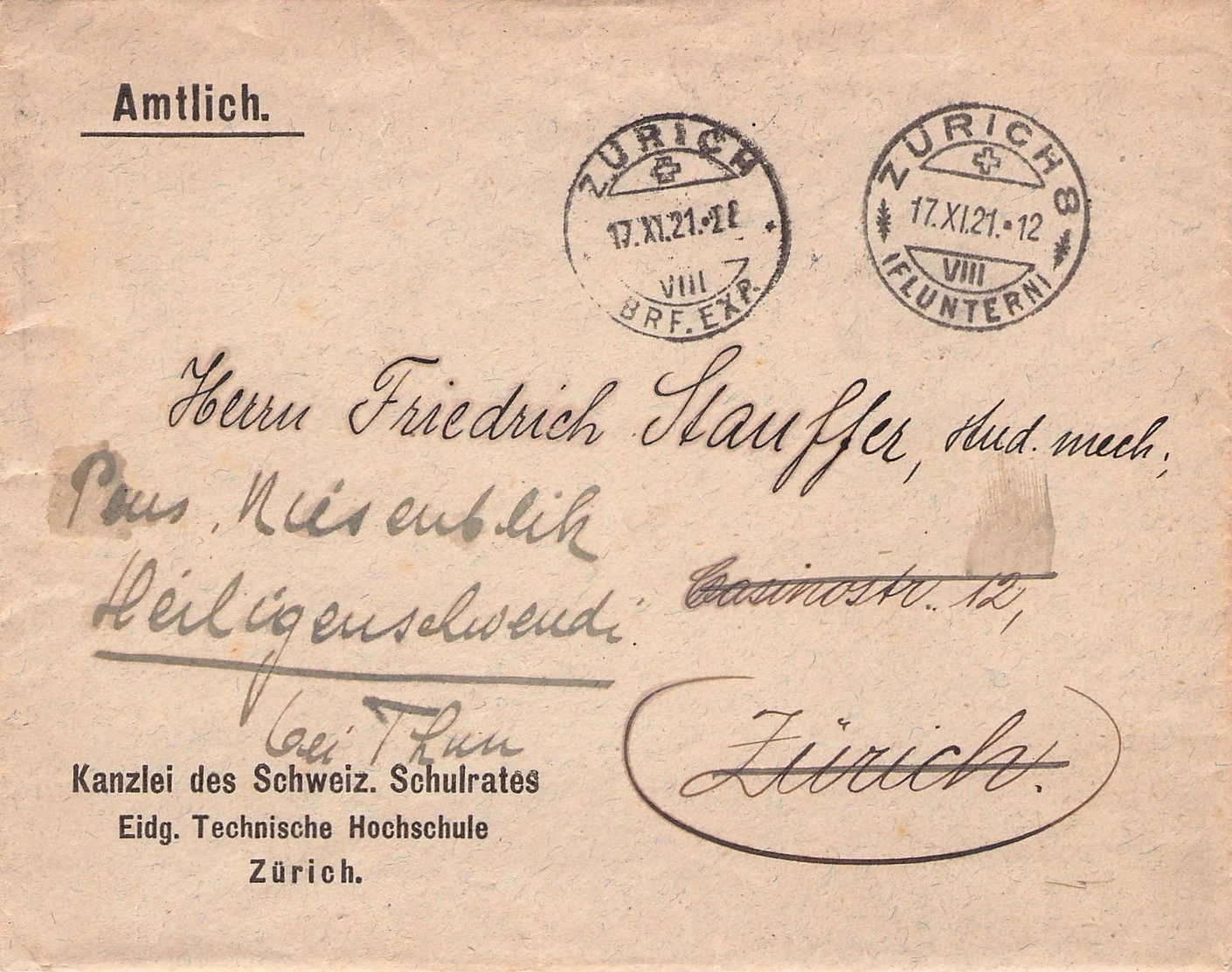 SCHWEIZ - DIENSTBRIEF 1921 ZÜRICH - Dienstmarken