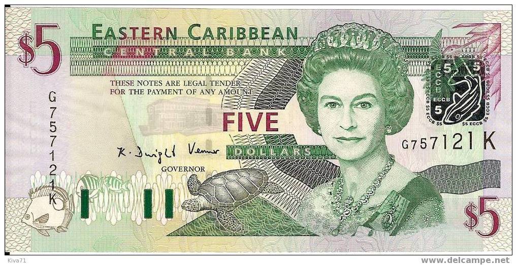 5 Dollars  "SAINT KITTS, Eastern CARIBBEAN "  P 42 Lettre K    UNC  Bc 3 - Caraïbes Orientales