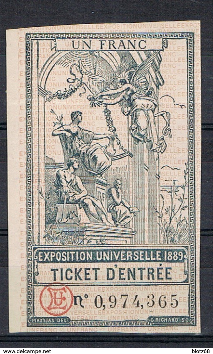 EXPOSITION UNIVERSELLE PARIS 1889 TICKET D'ENTRÉE 1FR - Tickets D'entrée