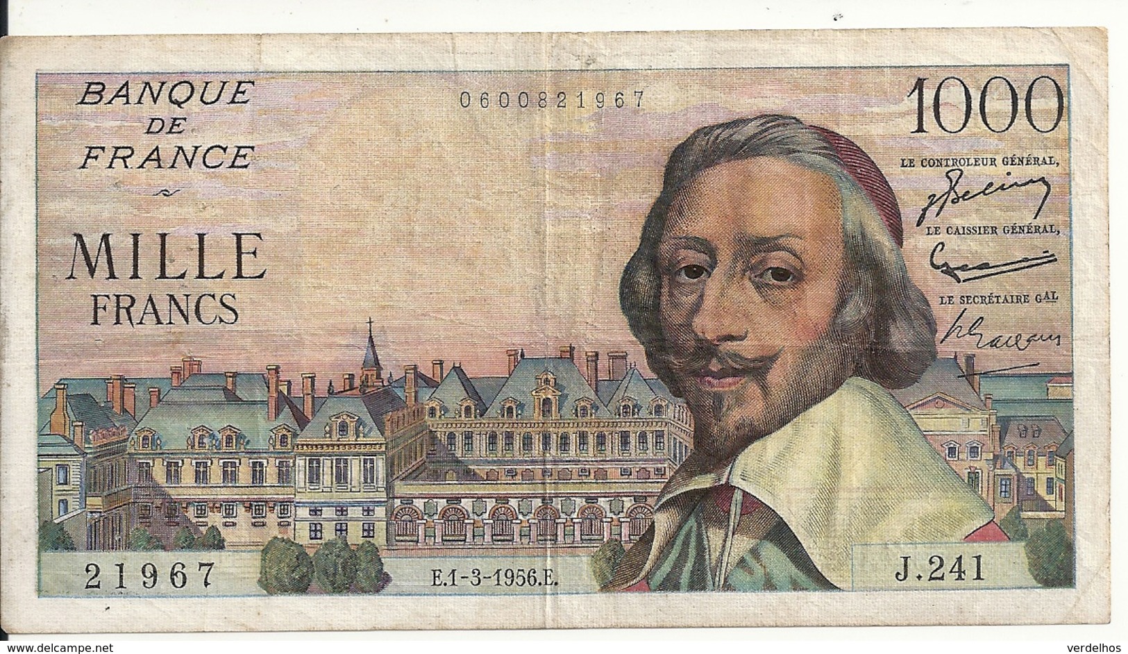 FRANCE 1000 FRANCS 1956 VF+ P 134 A - 1 000 F 1953-1957 ''Richelieu''