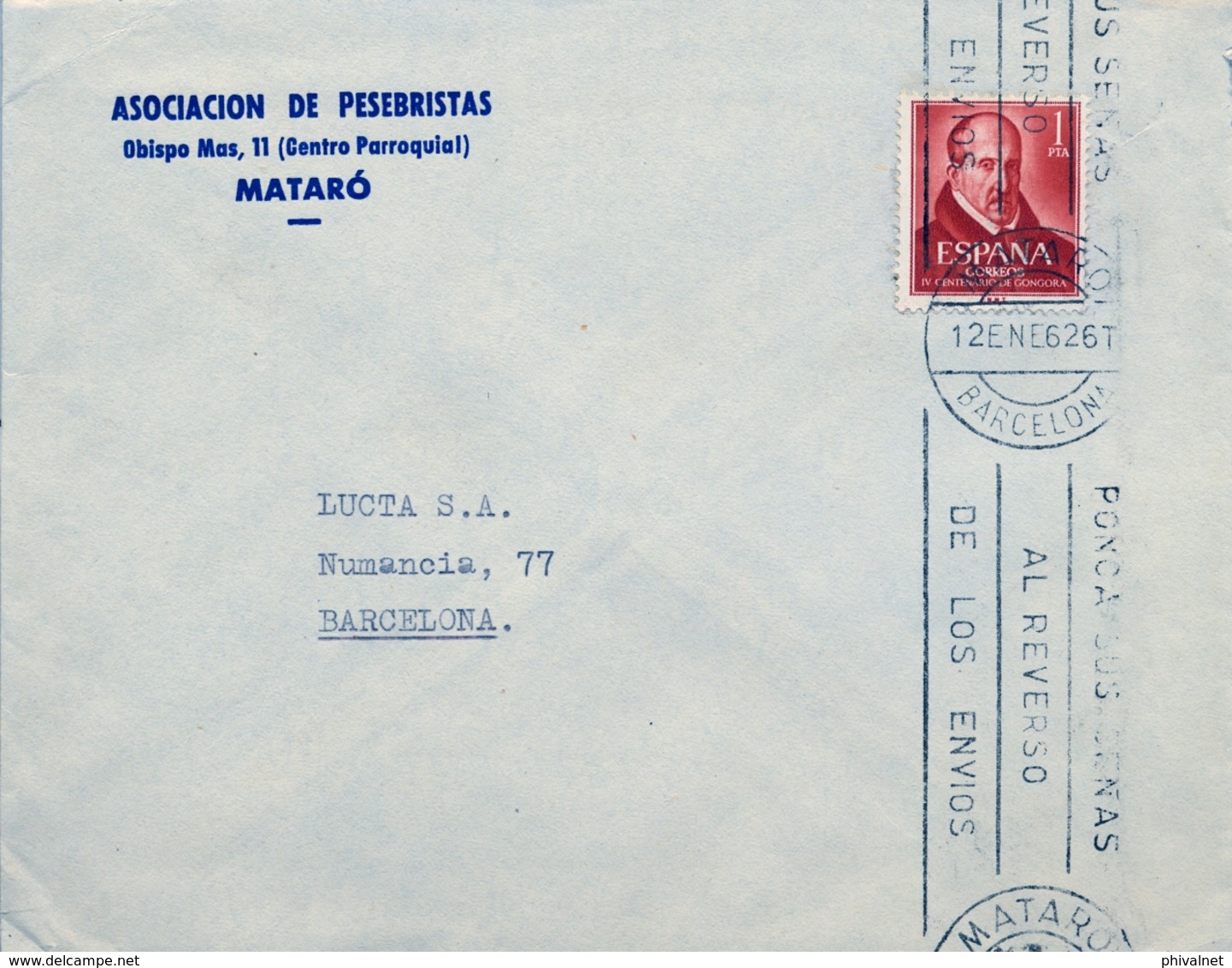 1962 ,  BARCELONA , MATARÓ , ASOCIACIÓN DE PESEBRISTAS . SOBRE CIRCULADO - Cartas & Documentos