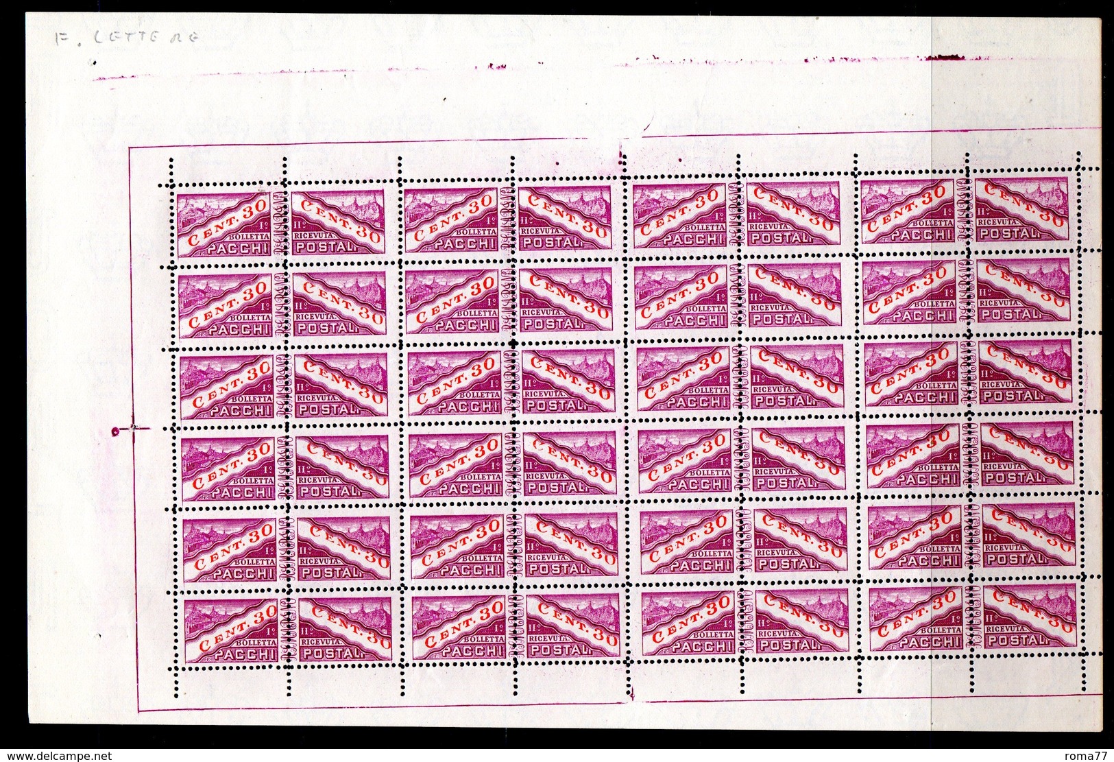 BIG - SAN MARINO , Pacchi Postali 30 Cent In FOGLIETTO Filigrana Corona : Ultima Fila A Sx Fil LETTERE 8/10 *** - Parcel Post Stamps