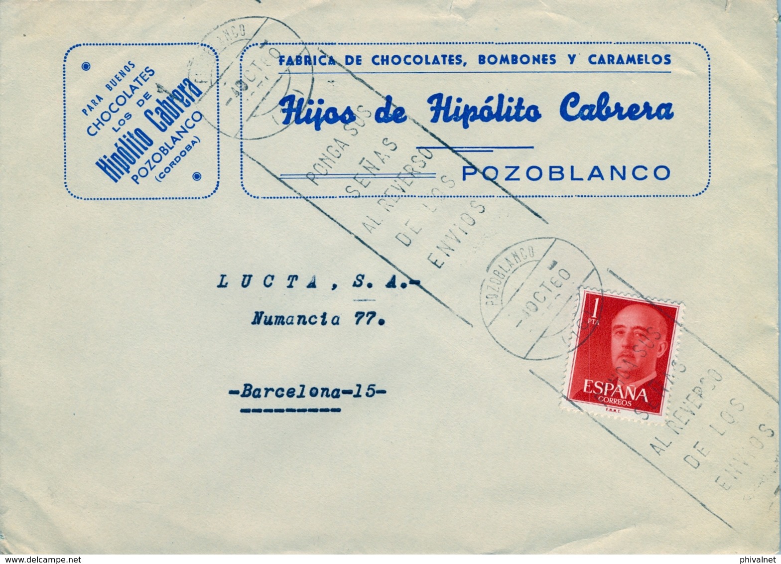 1960 , CÓRDOBA , SOBRE COMERCIAL CIRCULADO , FÁBRICA DE CHOCOLATES , BOMBONES Y CARAMELOS - POZOBLANCO - Cartas & Documentos