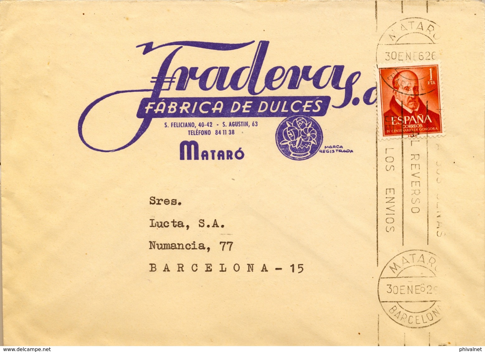 1962 , BARCELONA , SOBRE COMERCIAL PUBLICITARIO , FRADERAS - FÁBRICA DE DULCES , MATARÓ - Cartas & Documentos