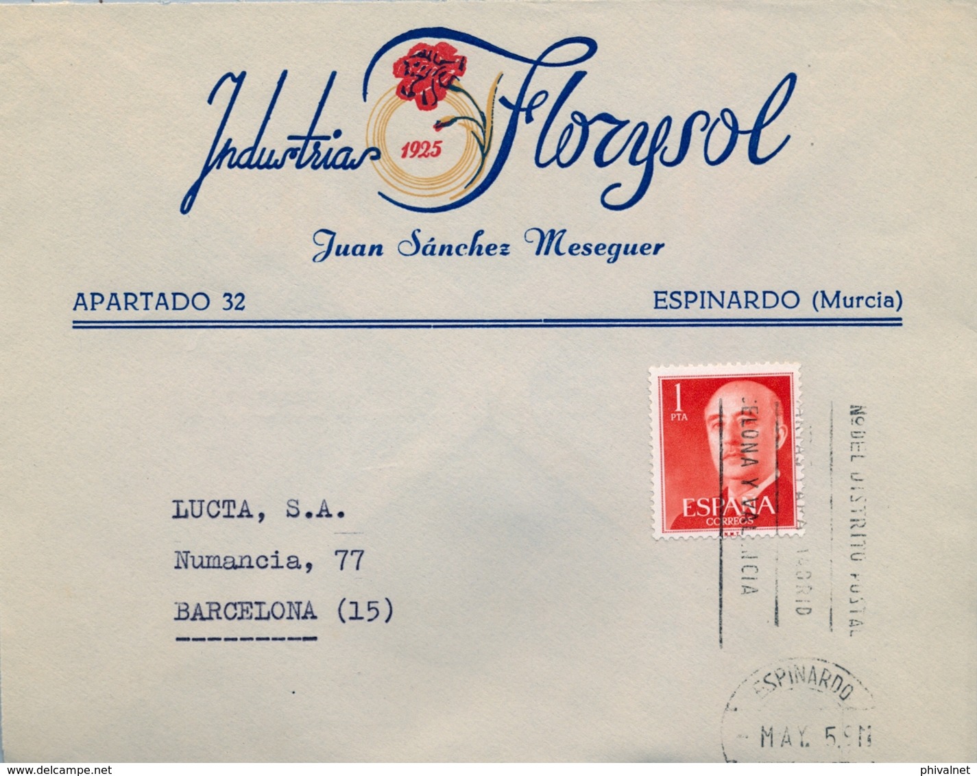 1965 , MURCIA , SOBRE COMERCIAL CIRCULADO , INDUSTRIAS FLORYSOL - ESPINARDO - Lettres & Documents