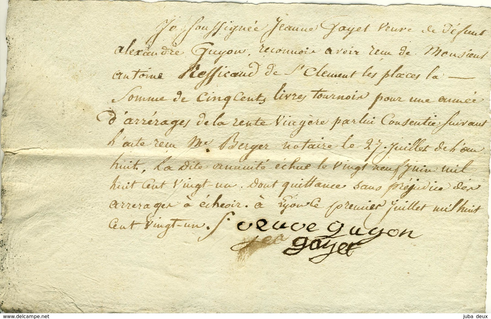 1821 , Rente De 500 Livres Tournois Jeanne Gayet - Guyon Et Antoine Ressicaud , Saint Clément-les-Places .  2 DOCUMENTS - Manoscritti