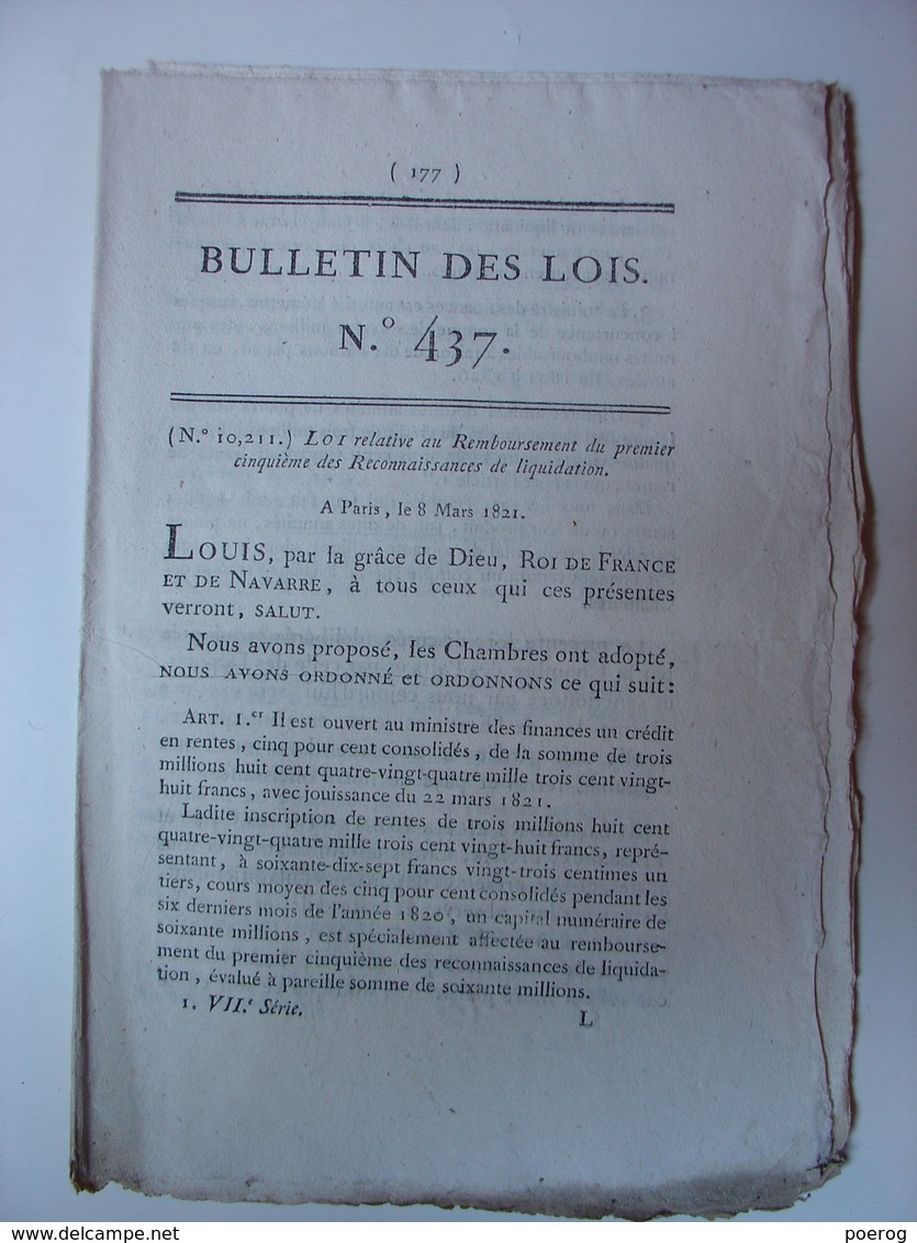 BULLETIN DES LOIS De 1821 - PAVAGE ROUTE CENON LA BASTIDE - LEGION HOHENLOHE - VENDEE - GAP MARCIGNY BRANTOME COLLEVILLE - Décrets & Lois