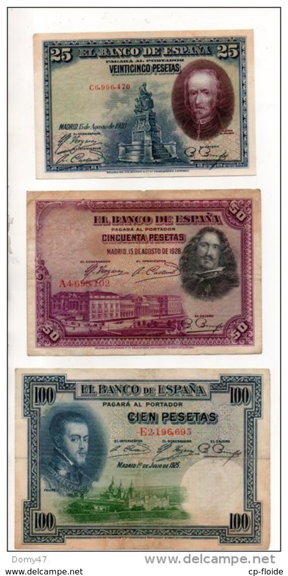 ESPAGNE . 3 BILLETS . 25, 50, 100 PESETAS . FELIPE II, VELASQUEZ, CALDERON DE LA BARCA - Réf. N°10806 - - Other & Unclassified