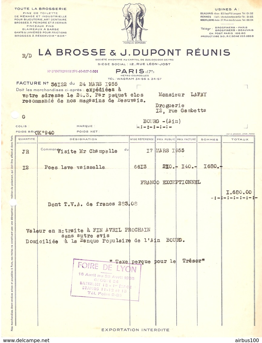 FACTURE 1955 LA BROSSE J. DUPONT RÉUNIS 12 RUE LÉON JOST PARIS 17 ème - BIJOUTERIE ART DENTAIRE - ÉLÉPHANT - Droguerie & Parfumerie