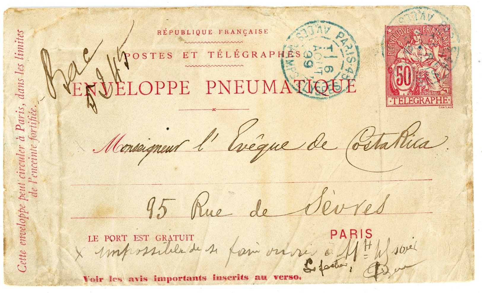 RU 6 Umschlag Für Paris 1899 - Rohrpost