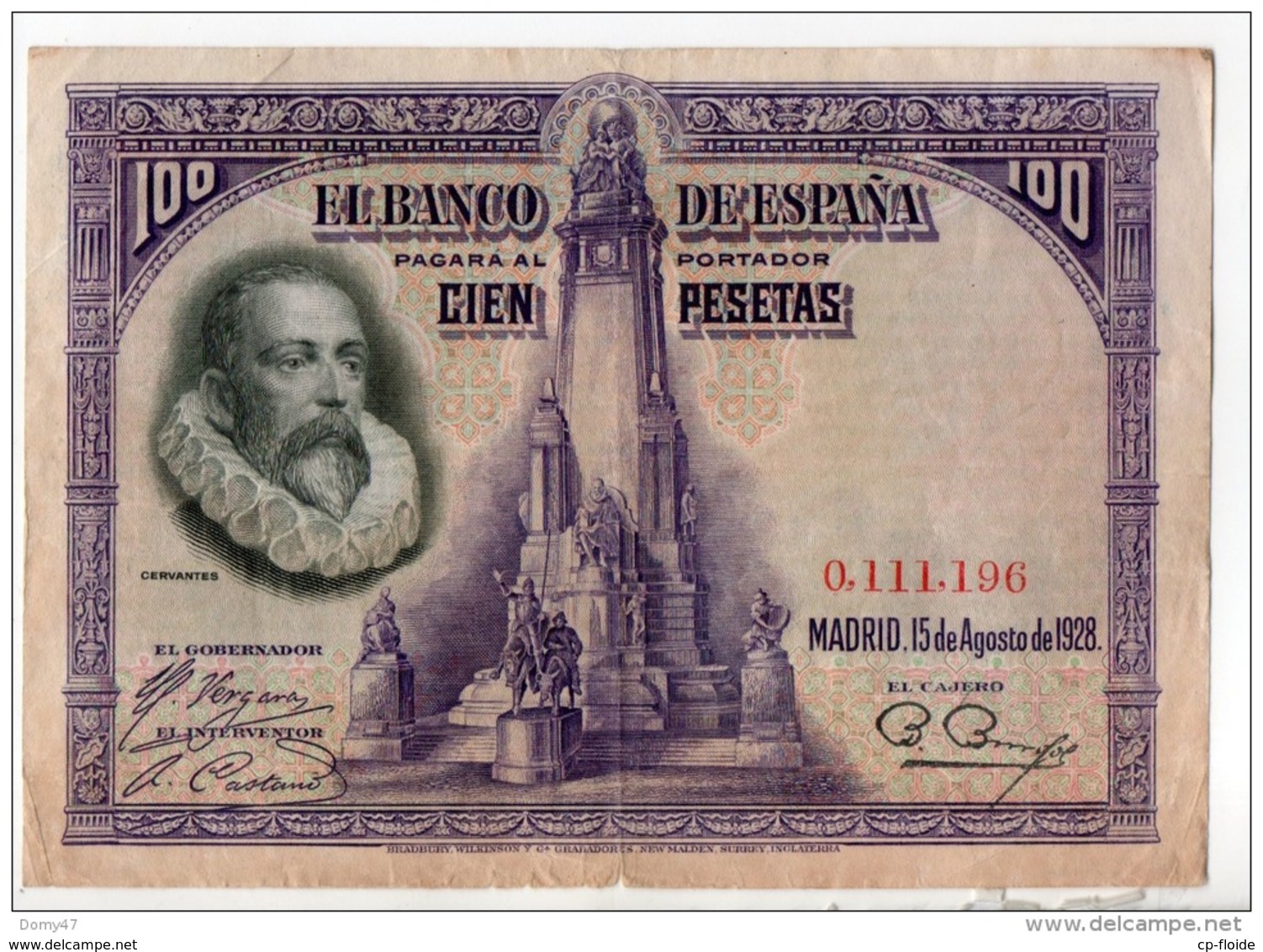 ESPAGNE . 100 CIEN PESETAS . MADRID 15 DE AGOSTO DE 1928 . CERVANTES - Réf. N°10797 - - 100 Pesetas