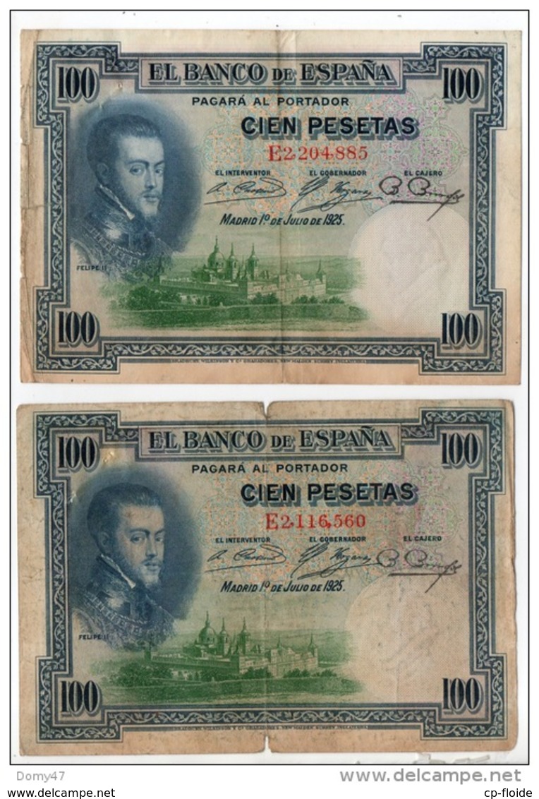 ESPAGNE . 100 CIEN PESETAS . MADRID 1° DE JULIO DE 1925 . FELIPE II . 2 BILLETS - Réf. N°10793 - - 100 Pesetas