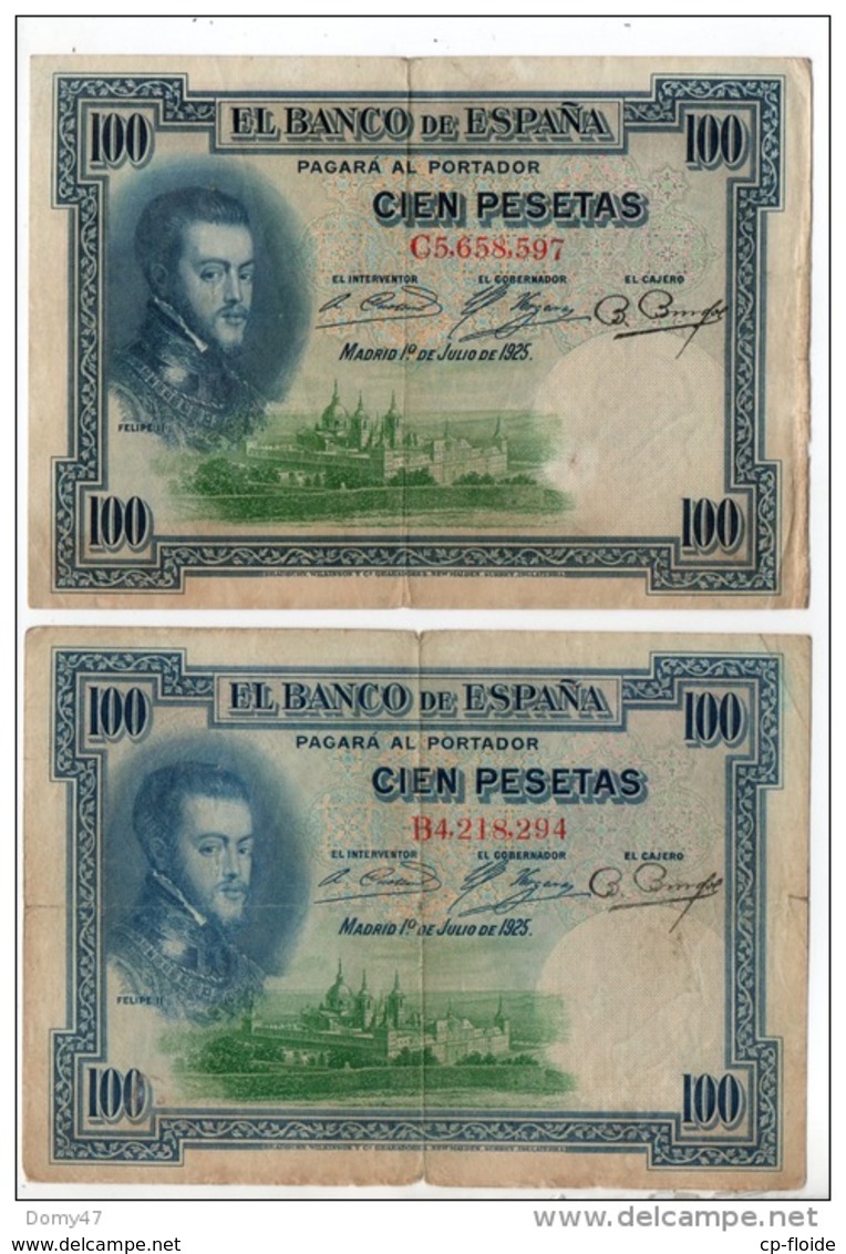 ESPAGNE . 100 CIEN PESETAS . MADRID 1° DE JULIO DE 1925 . FELIPE II . 2 BILLETS - Réf. N°10794 - - 100 Pesetas