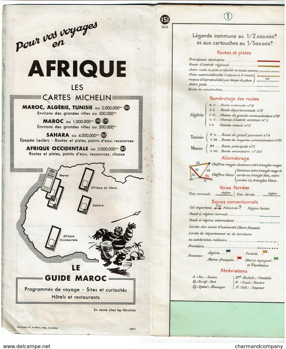 Carte Michelin 1949 N° 151 - Maroc - Algérie - Tunisie - 3 Scans - Cartes Routières