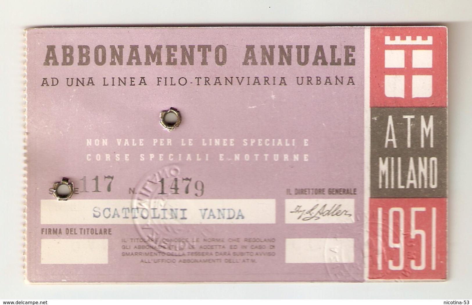 BIGLI--0005-- ABBONAMENTO ANNUALE AD UNA LINEA TRANVIARIA URBANA - ATM MILAN 1951 - Europa