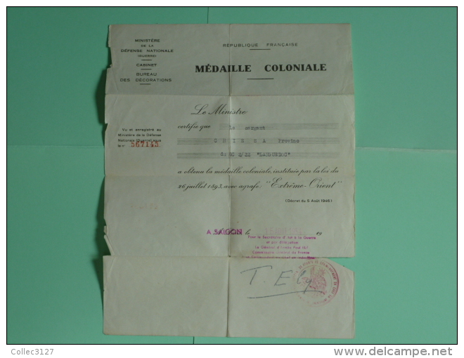 Indochine - Brevet De Medaille Coloniale GC 2/22 "Languedoc" - Saigon 15/08/1954 - Other & Unclassified