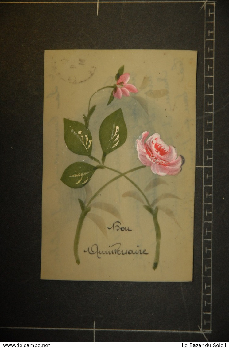 CP, Carte En Celluloid Ajout Decoupi Fleurs Peinte A La Main Bon Anniversaire - Cartes Porcelaine