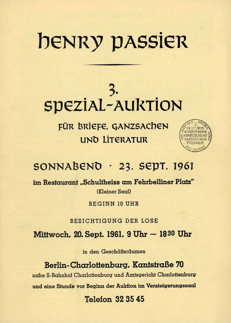 3. Passier  Auktion 1961 - Auktionskataloge