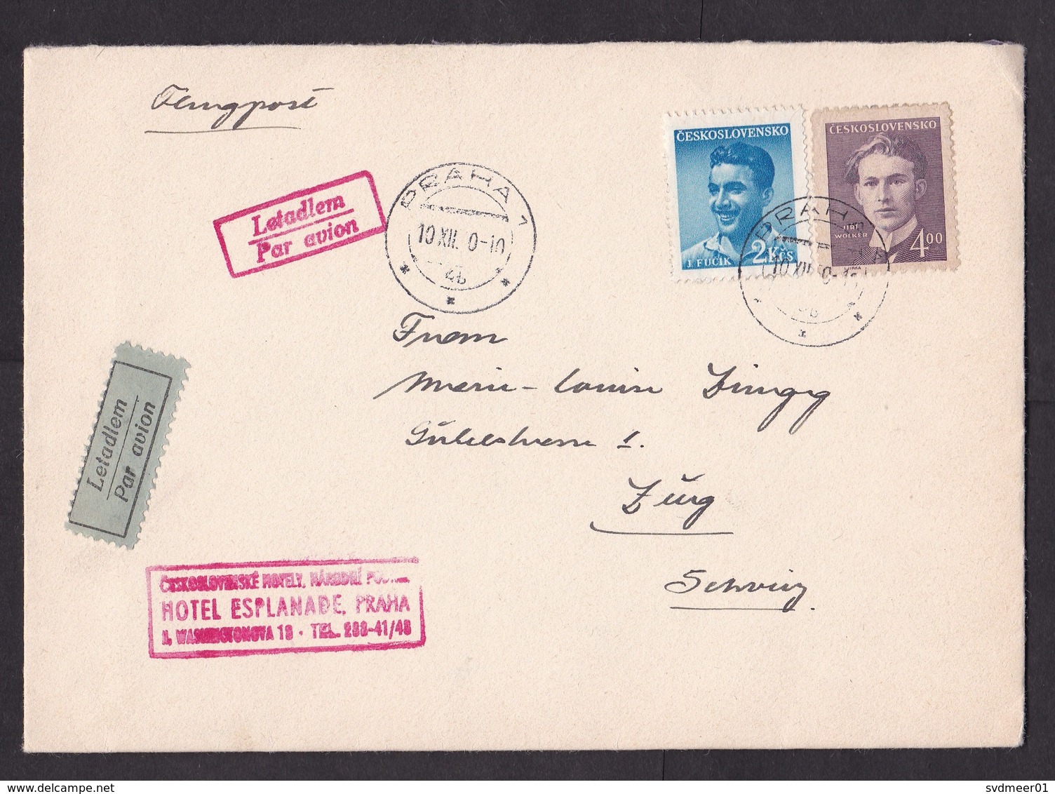 Czechoslovakia: Airmail Cover To Switzerland, 1950?, 2 Stamps, Writer, Poet, Air Label, Hotel Esplanade (traces Of Use) - Brieven En Documenten