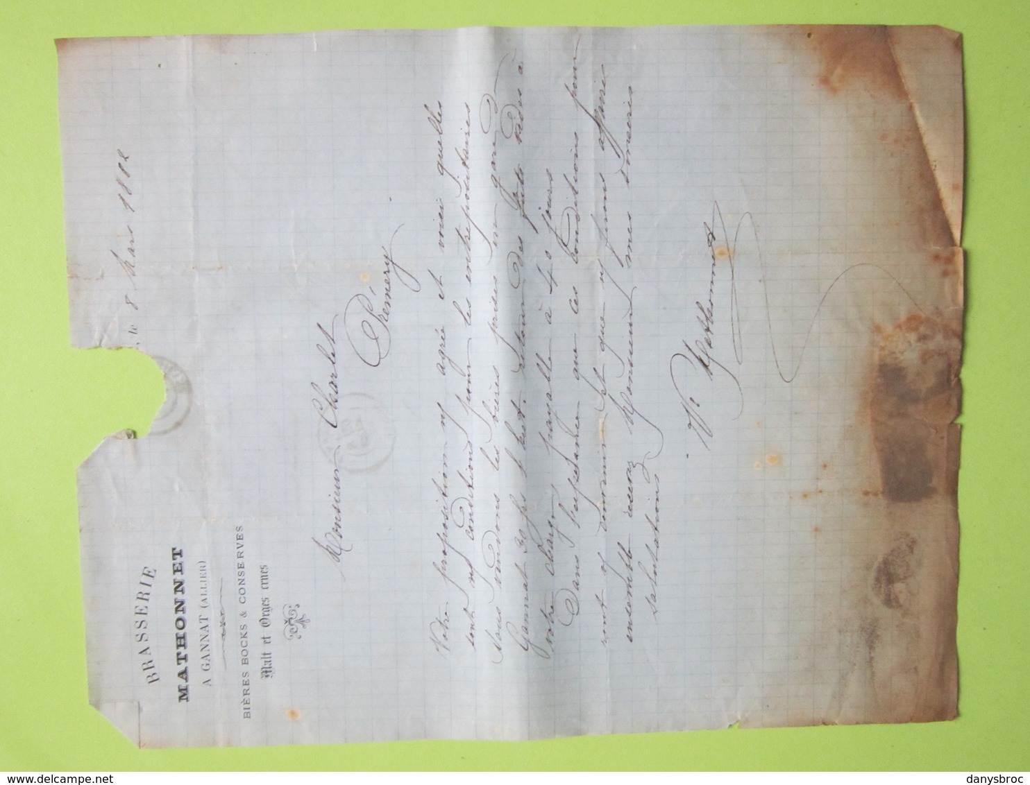 Facture Document - Brasserie MATHONNET A.GIRAULT à Gannat (Allier) Bières Malt & Orges Crues 8/03/1882>> - 1800 – 1899