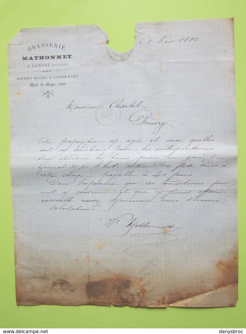 Facture Document - Brasserie MATHONNET A.GIRAULT à Gannat (Allier) Bières Malt & Orges Crues 8/03/1882>> - 1800 – 1899