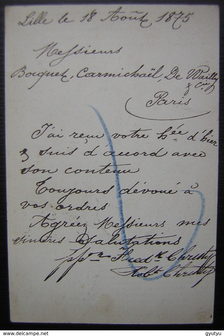 1875 Lille Carte Précurseur De Fred Christy Pour Paris Avec N°55 - 1849-1876: Période Classique